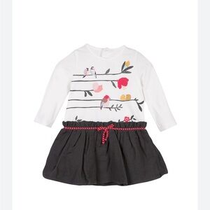 Catimini White Long-Sleeve Bird Print Dress with Black Skirt and Pink Waist Tie